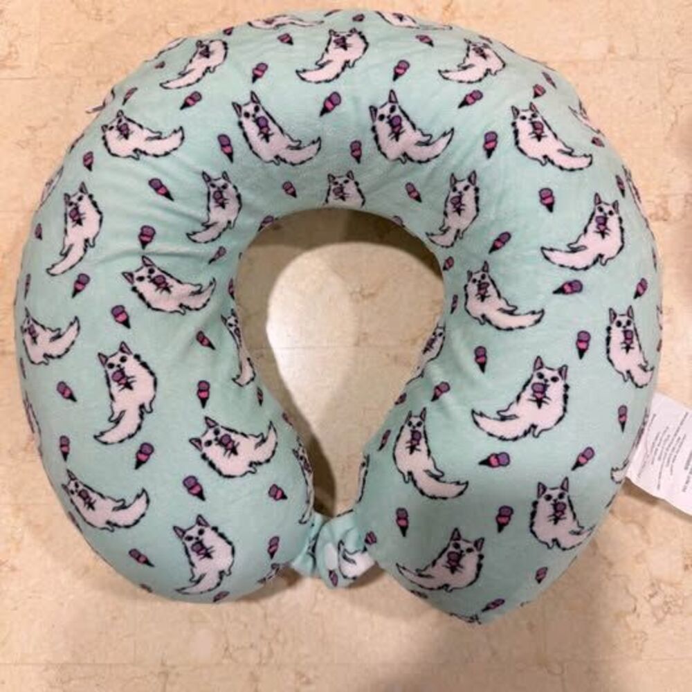 Cute mint cat travel neck pillow - memory foam